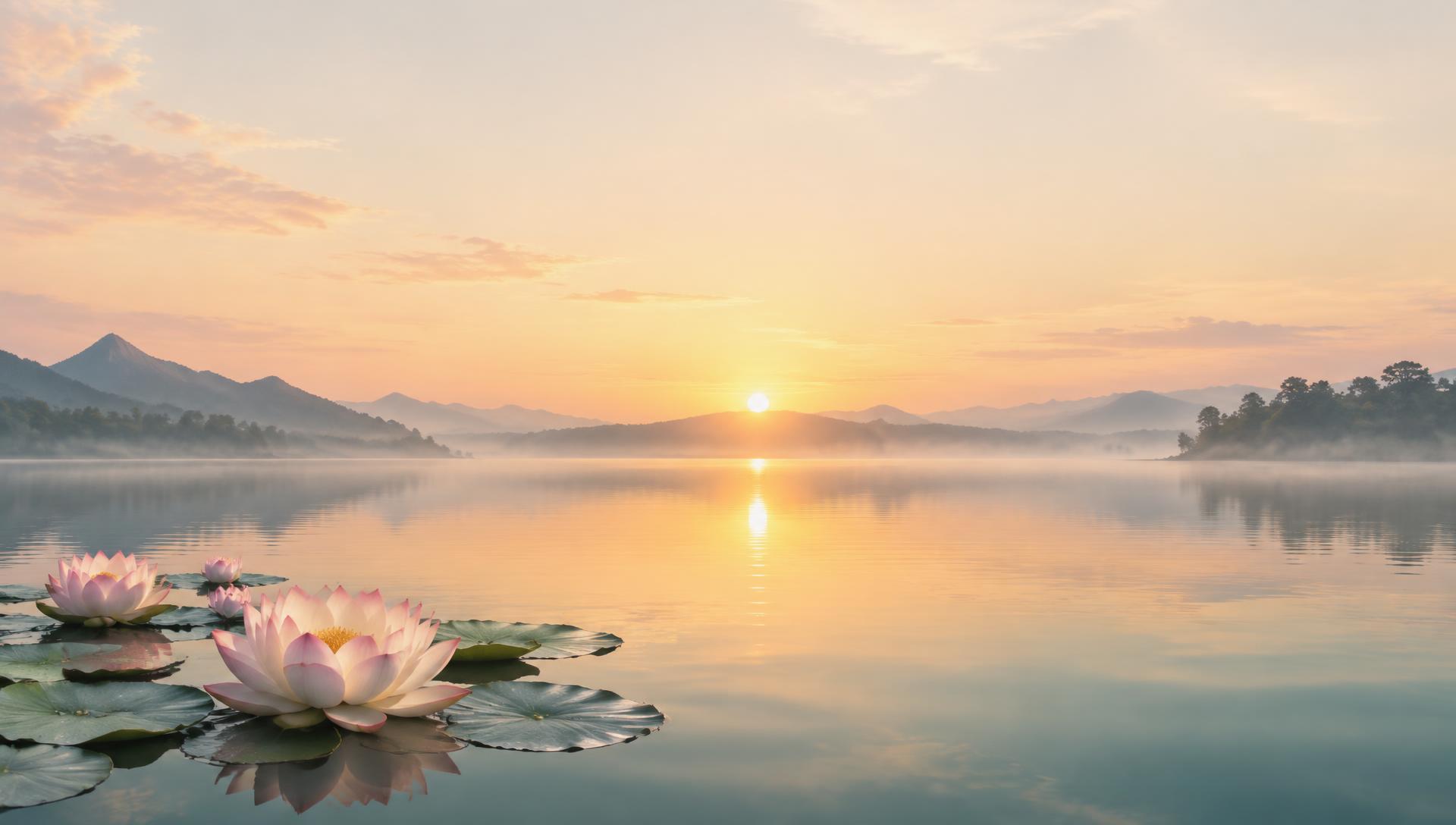 A peaceful sunrise over calm water with lotus flowers in the foreground